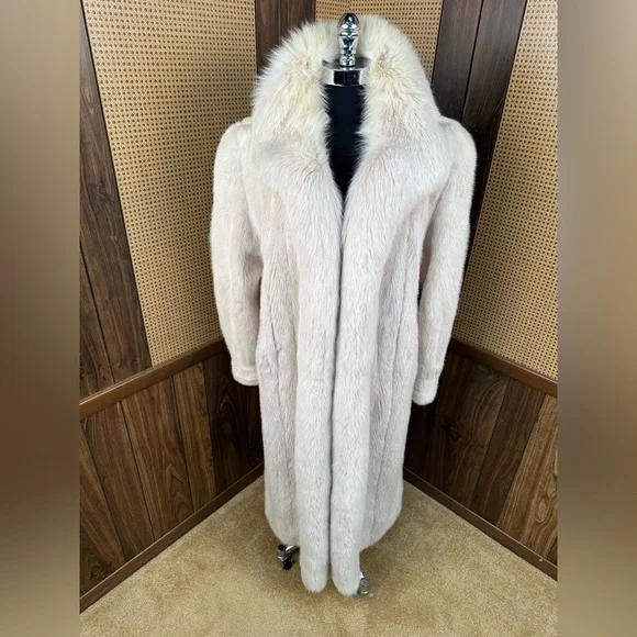 STUNNING VINTAGE FULL LENGTH IVORY CREAM MINK & FOX COLLAR FUR COAT JACKET XL - Picture 1 of 10